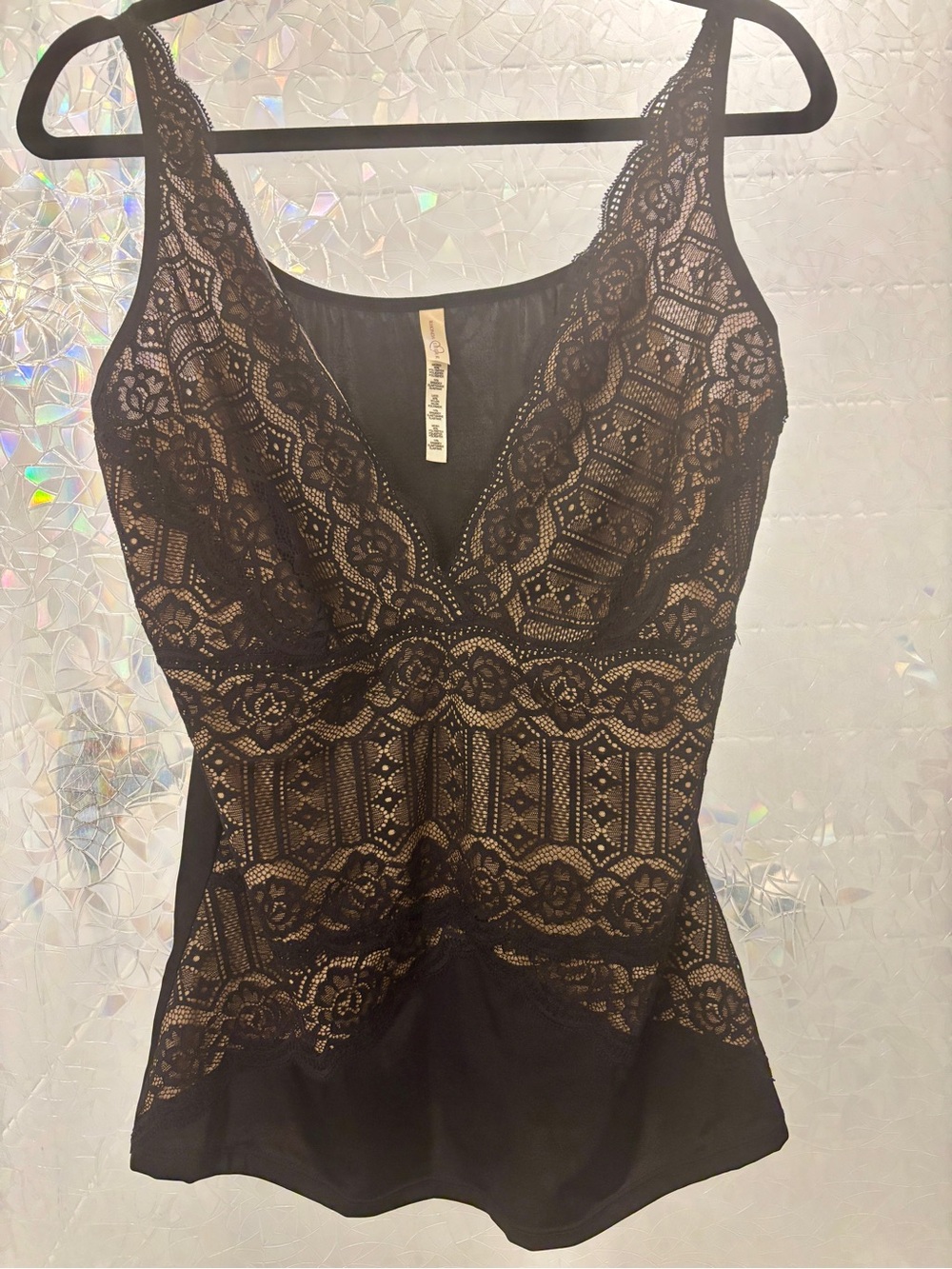 Rhonda Shear Black Lace Trim Chemise with Gold Accent
